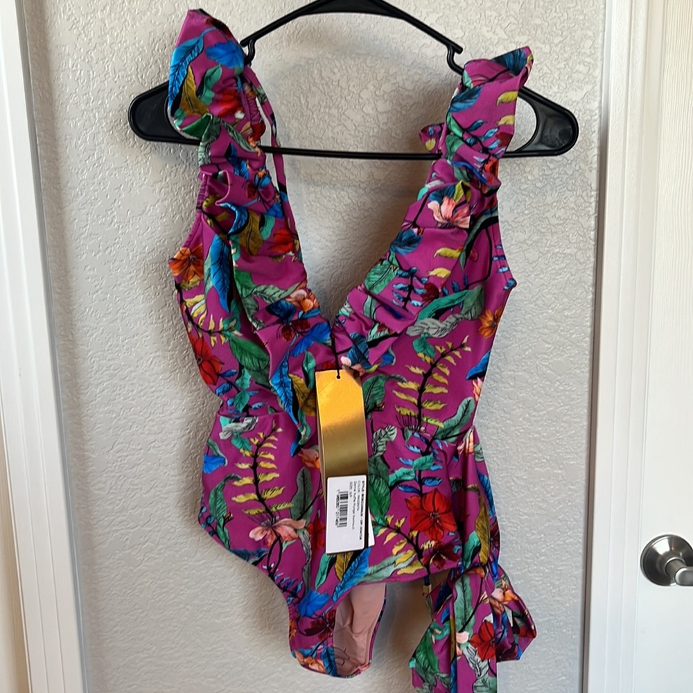 PatBo Zamia Ruffle Plunge Swimsuit Magenta One Piece Size Small NWT - Picture 3 of 10